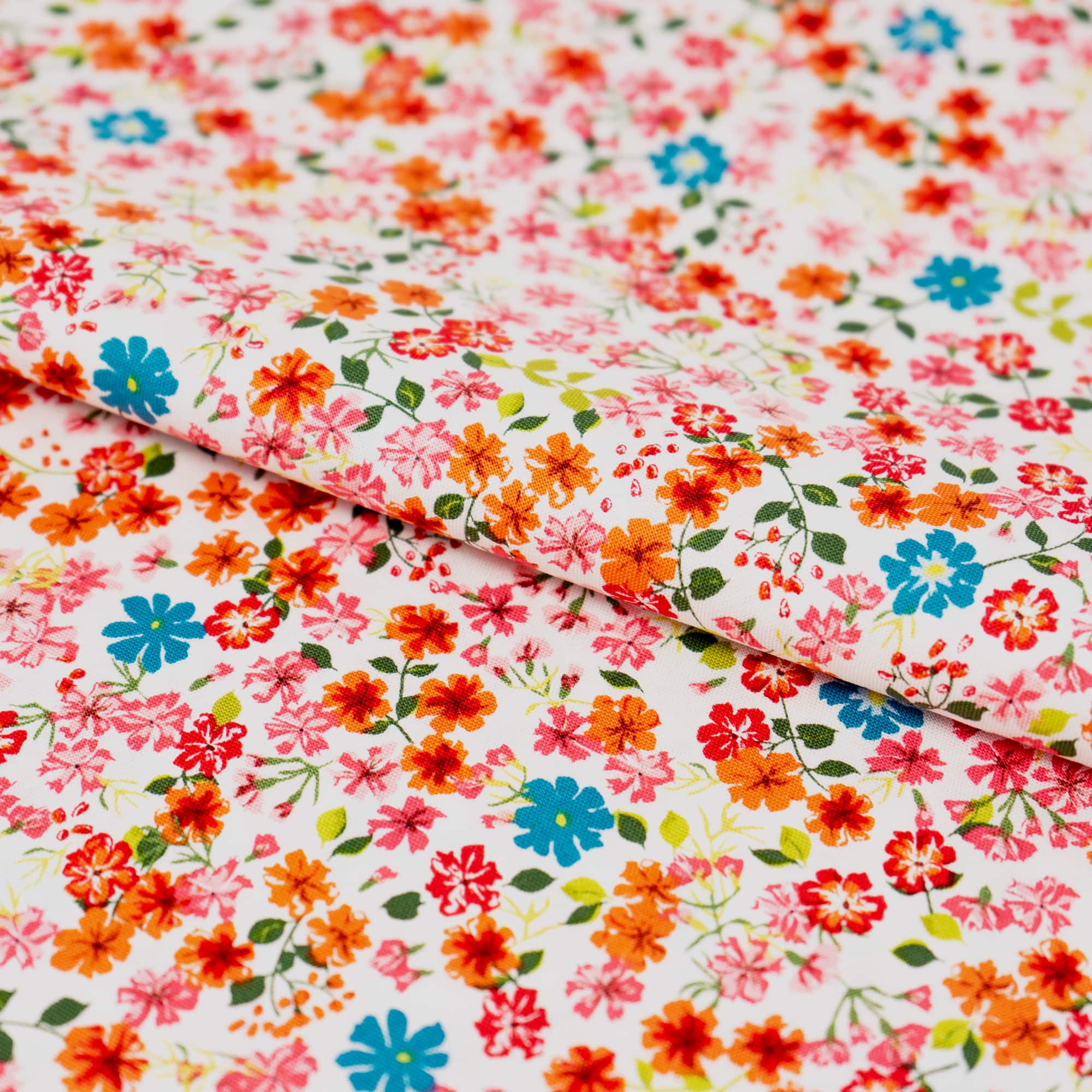 SINGER Orange Small Floral on White Cotton Fabric